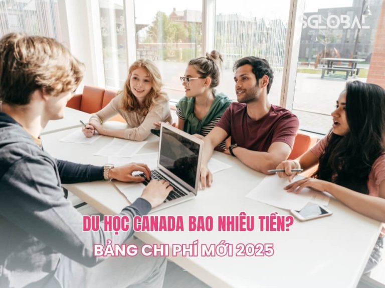 Nhóm sinh viên quốc tế thảo luận về học phí và chi phí du học Canada, với tiêu đề in rõ trên hình.