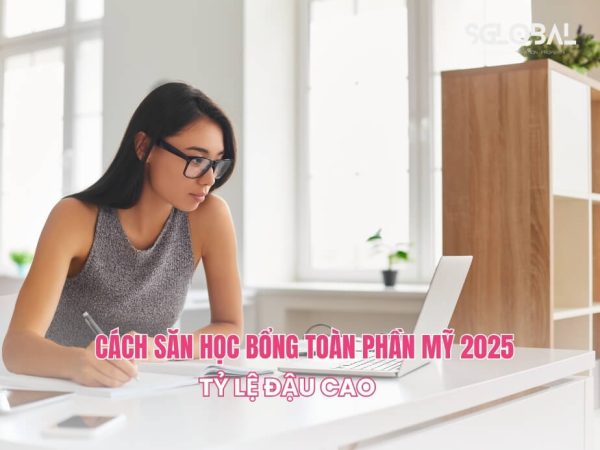 Nữ sinh viên tra cứu học bổng toàn phần Mỹ trên laptop trong không gian học tập sáng sủa.