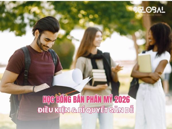 Nhóm sinh viên quốc tế tại Mỹ vui vẻ trao đổi về điều kiện và bí quyết săn học bổng bán phần Mỹ 2026.