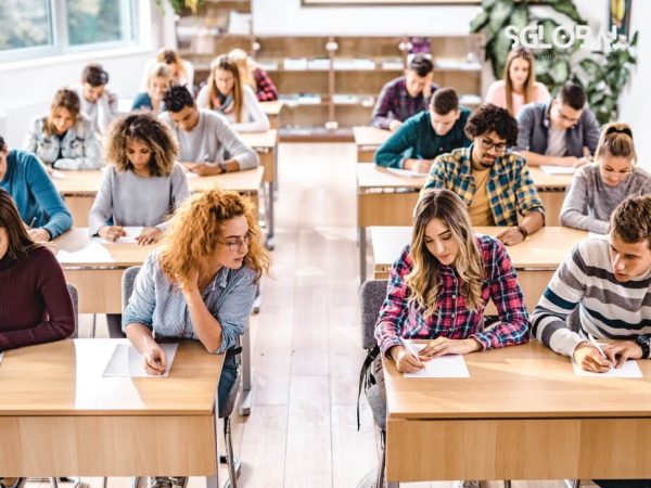 Lớp học đông sinh viên đang chăm chú làm bài, cho thấy môi trường học tập sôi động tại Mỹ.